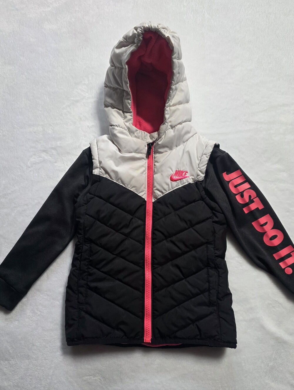 Nike Kids 4T Puffer Jacket Fleece Lined Hooded Black Pink Just Do It